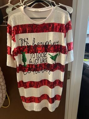 Sequin Striped Kids Top in White & Red with Green Accents